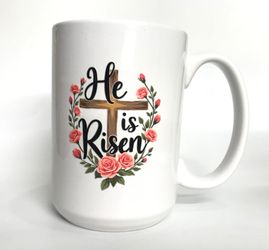 Brand New "He Is Risen" Premium Ceramic Christian Mug (15 oz, White)