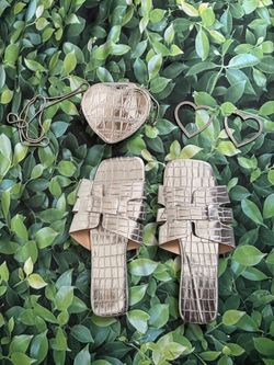 Silver Croc-Embossed Sandals, Bag & Earring Set