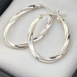 925 Sterling Silver Plain Oval U Shaped Large Twisted Huggie Hoop Earrings 