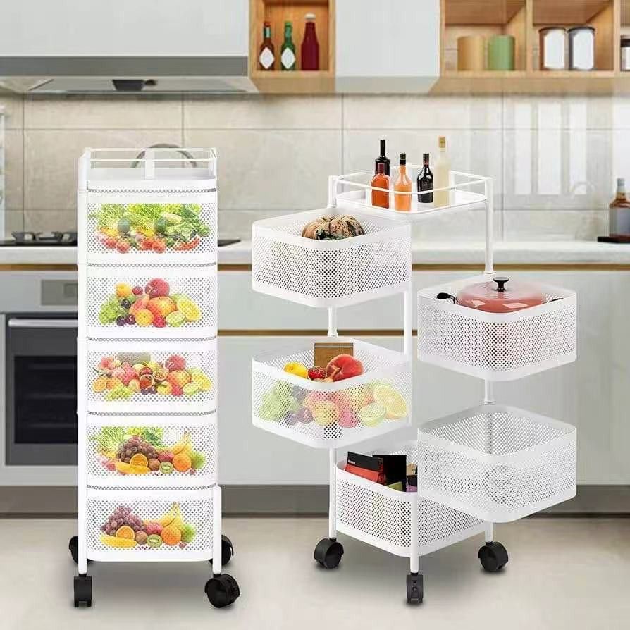 Modern Kitchen Trolley with Rotating Baskets - Ventilated Carbon Steel Design - Mobile Storage Solut