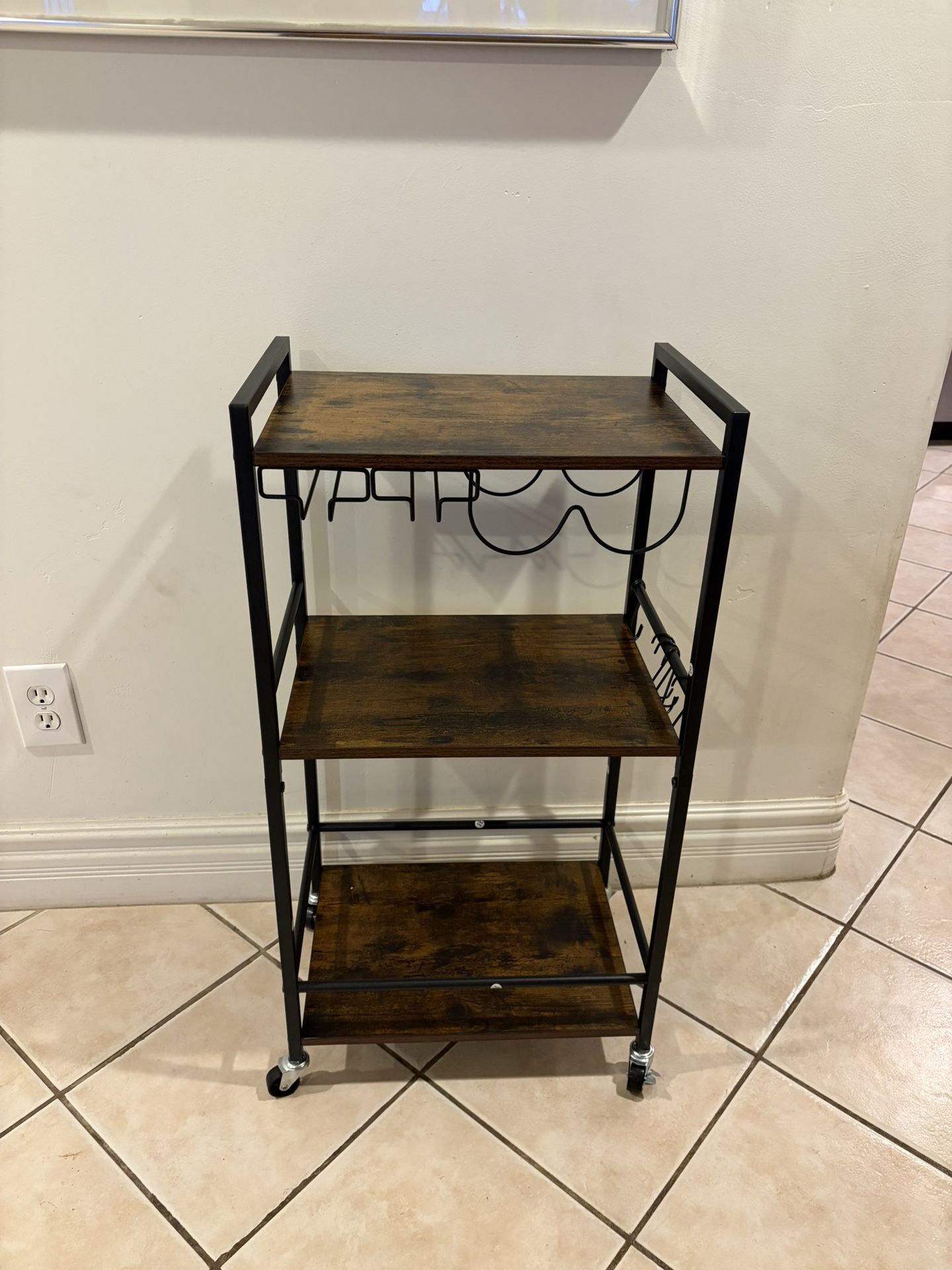 Modern 3-Tier Rolling Bar Cart w/ Wine Rack & Glass Holder – New