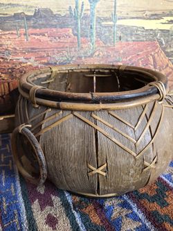 Gorgeous Handmade Vintage Basket Bamboo Rattan Hand Woven Wooden Husk Bohemian 70s Home Decor Plant Hanger Holder Southwestern Tribal Primitive
