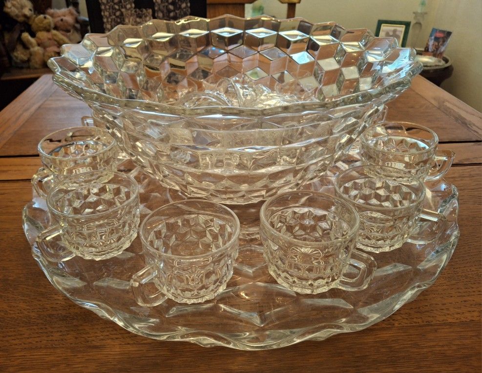 Fostoria American: Punch Bowl, Tray, 18 Cups