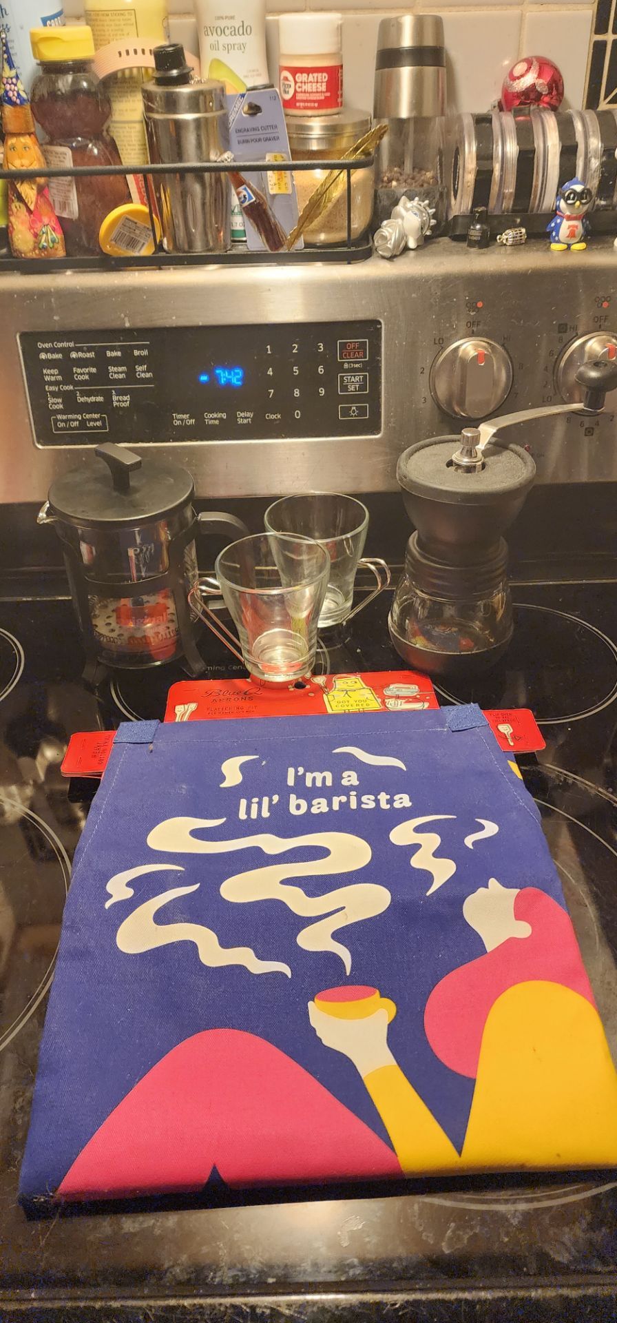 French press,hand burr grinder,2 glass coffee cups,new barista apron.Vancouver porch pu