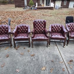 5 VINTAGE ANTIQUE OXBLOOD/RED TUFTED LEATHER LIBRARY OFFICE CHAIR SET