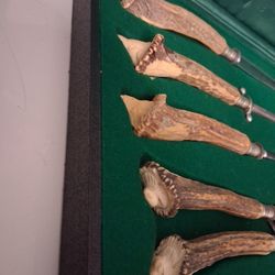 SUPER RARE 1950's Salinger Carved Carving Set Of 6 Stag Head Embossed