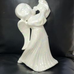 Vintage Collectible Angel Figurine Playing Lyre~Harp White Glossy Ceramic 12" H