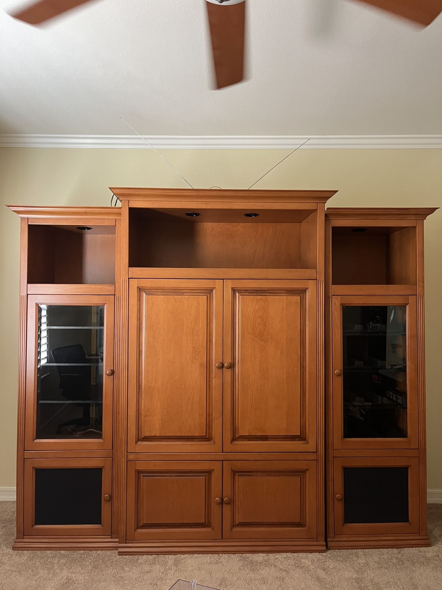 Solid Maple 3 Piece Entertainment Center/Curio Cabinet Set - Excellent Condition
