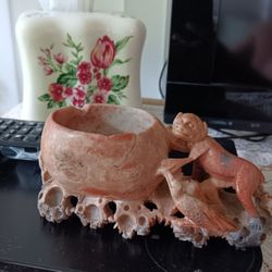 Vintage Soapstone Monkey N Bird Figure 6" Long