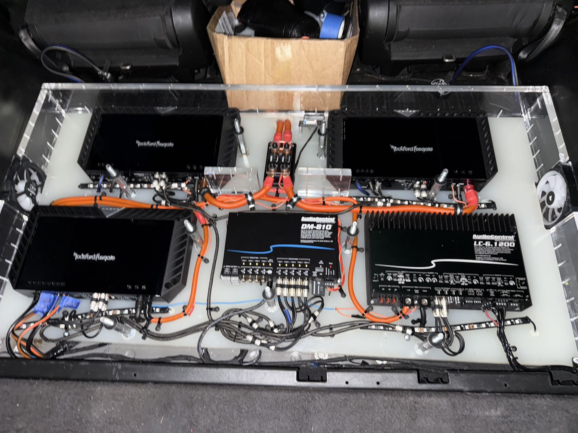 FULL STEREO SYSTEM POWER AMPLIFIERS FOR 2 SUBS MID’s & TWEETS ALL WIRED INTO A DIGITAL SOUND PROCESSOR! VERY HI END AWESOME STEREO PLUG N PLAY