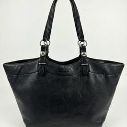 Coach Carli Black Leather Tote Bag F16174 Purple Satin Lining Large Shoulder Bag