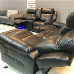 Kempten Black📌 LED Reclining Living Room Set 
Sofa