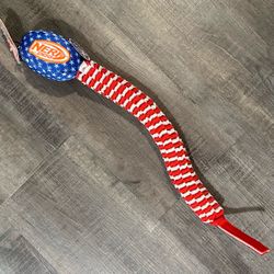 New Nerf Dog Blue & White Football Toy with Red & White Braided Tug Rope