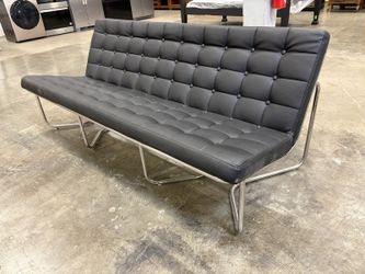 MODERN LINE FURNITURE Modern Armless Pebbled Black Leather Button Tufted Sofa with Chrome Base