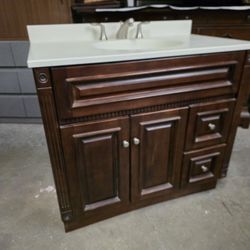 Mahogany Color Bathroom Vanity with Sink and Faucets