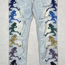 Amiri  Distressed Embroidered Dancing Skeletons Blue 