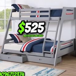 Twin Full Grey Bunkbed With Ortho Mattress Included!!