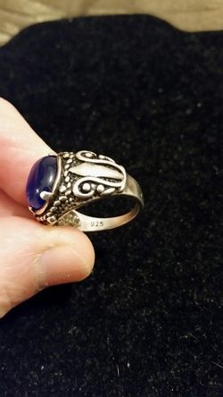 925 Sterling Silver large oval cut dark blue simulated sapphire(tigers eye) ring sz 9