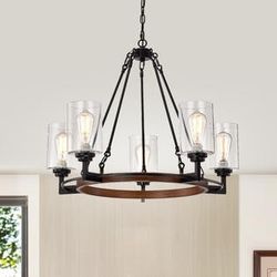 TreehouseNY 30" Wide 5-Light Wood Ring Wagon Wheel Chandelier $560 RETAIL 