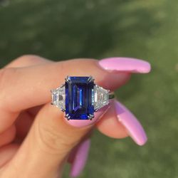 Sapphire And Moissanite Diamond Three Stone Engagement Ring 14k White Gold 