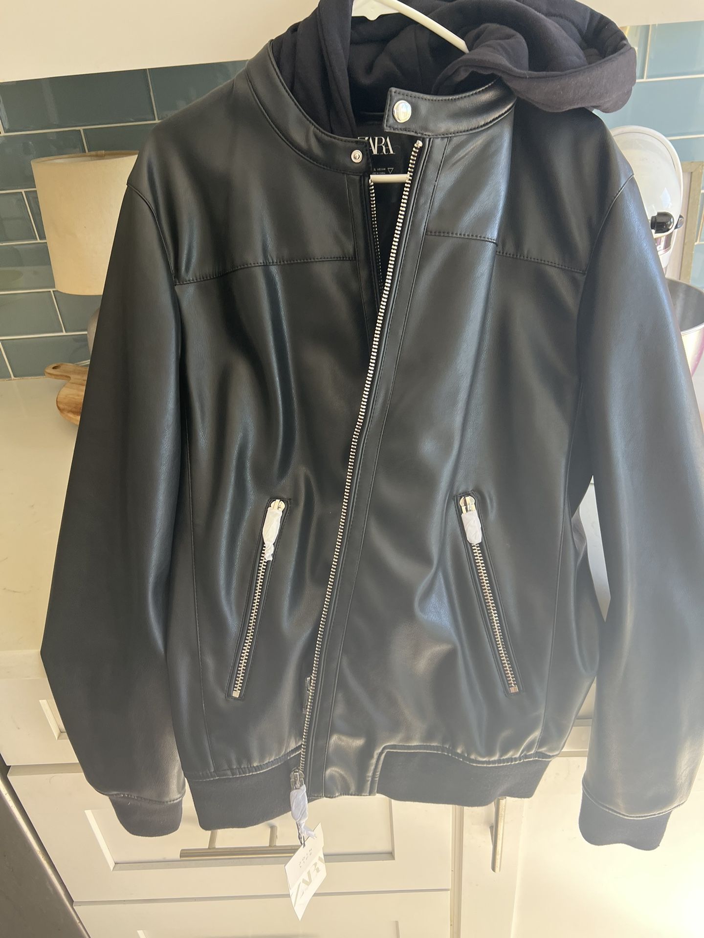 Zara Leather Jacket With Soft Hood Size Xl 