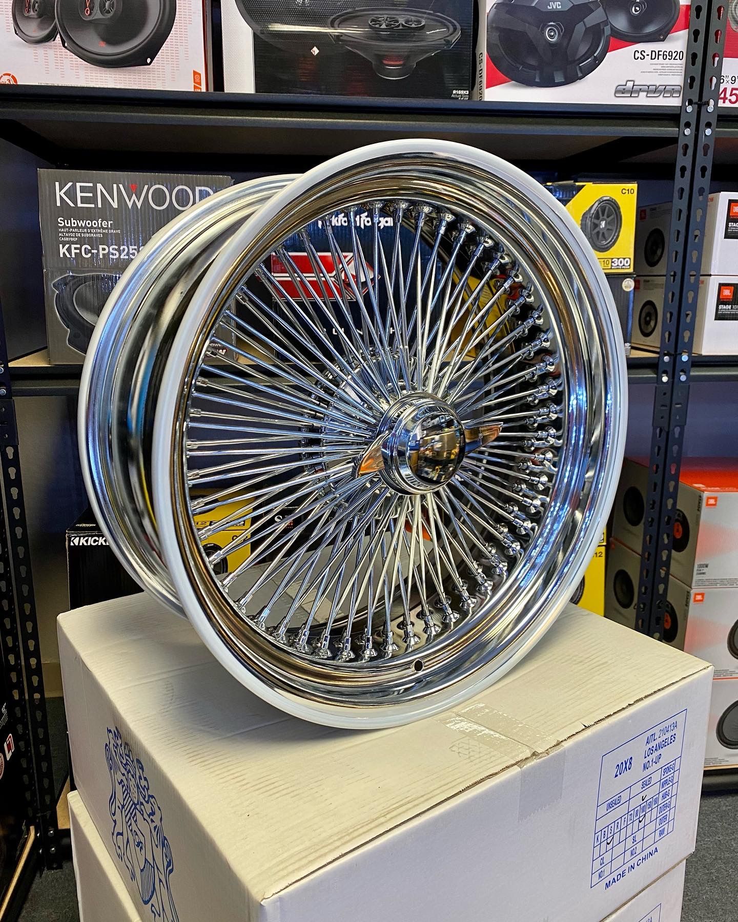 New (4) 20 x 8” inch Chrome 100 Spoke Wire Wheels Rims w/ 5 Lug Adapters + 2 Bar Knock Offs (No Credit Easy Financing} 🤑 🔥