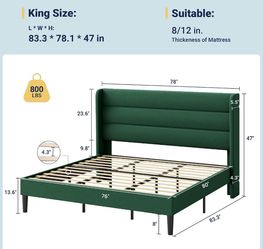 Allewie King Size Platform Bed Frame with Velvet Upholstered Wingback Headboar