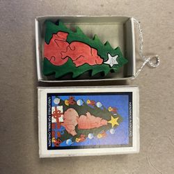 Vintage Miniature Wood Puzzle Ornament Pig Christmas Tree Matchbox