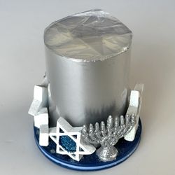 Judaica Hanukkah Pillar Candle with Ceramic Stand with Stars and Menorahs