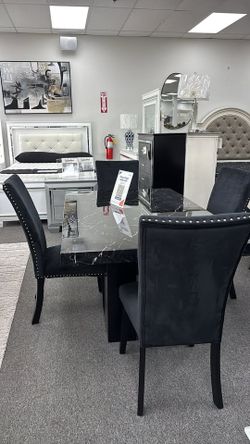 Stunning Black Marble look dining set w/Sleek black base