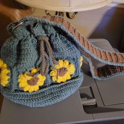 Hand crocheted sunflower drawstring purse