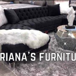 New Black Velvet Sectional U-Shaped 125x69