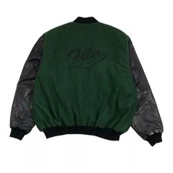 VINTAGE FILA BOMBER JACKET 2XL XXL GREEN FAUX LEATHER SPELL OUT HIP HOP 2PAC 90s