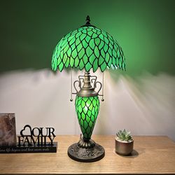 Tiffany Style Table Lamp Green Stained Glass 22”H