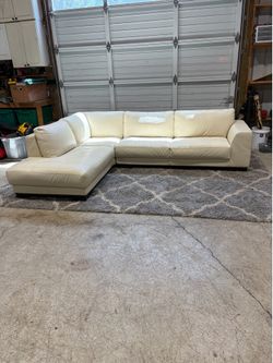 Large Cream Leather Sectional Sofa w/ Chaise
