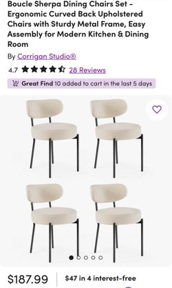 (4) Boucle Sherpa Dining Chairs Set - Ergonomic Curved Back Upholstered Chairs with Sturdy Metal Frame, Easy Assembly for Modern Kitchen & Dining Room