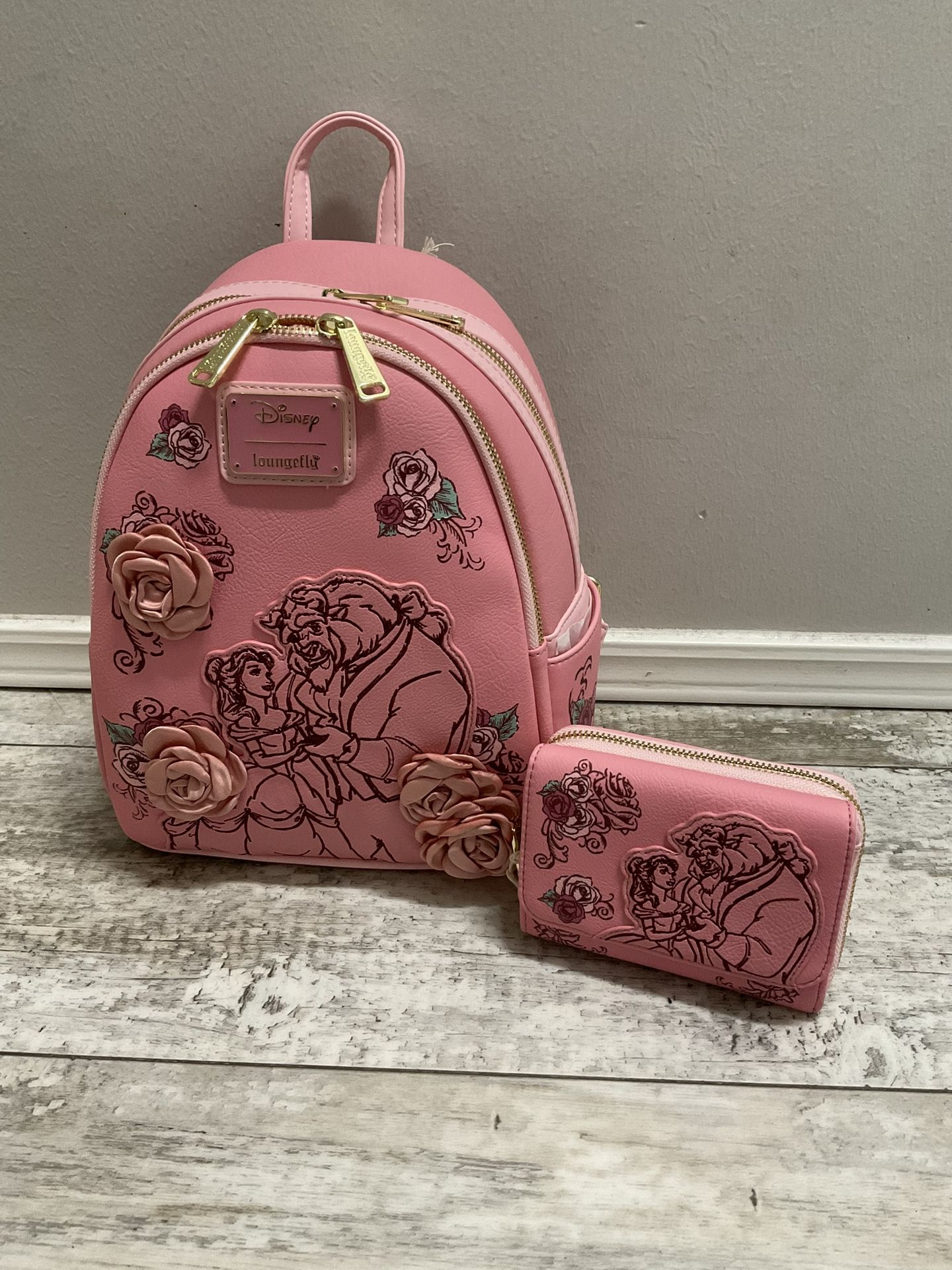 NWT Loungefly Beauty And The Beast Rose Backpack And Wallet