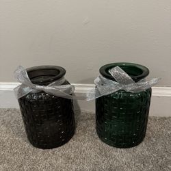 Extra Large Basket Weave Looking Glass Candle holders with Ribbon
