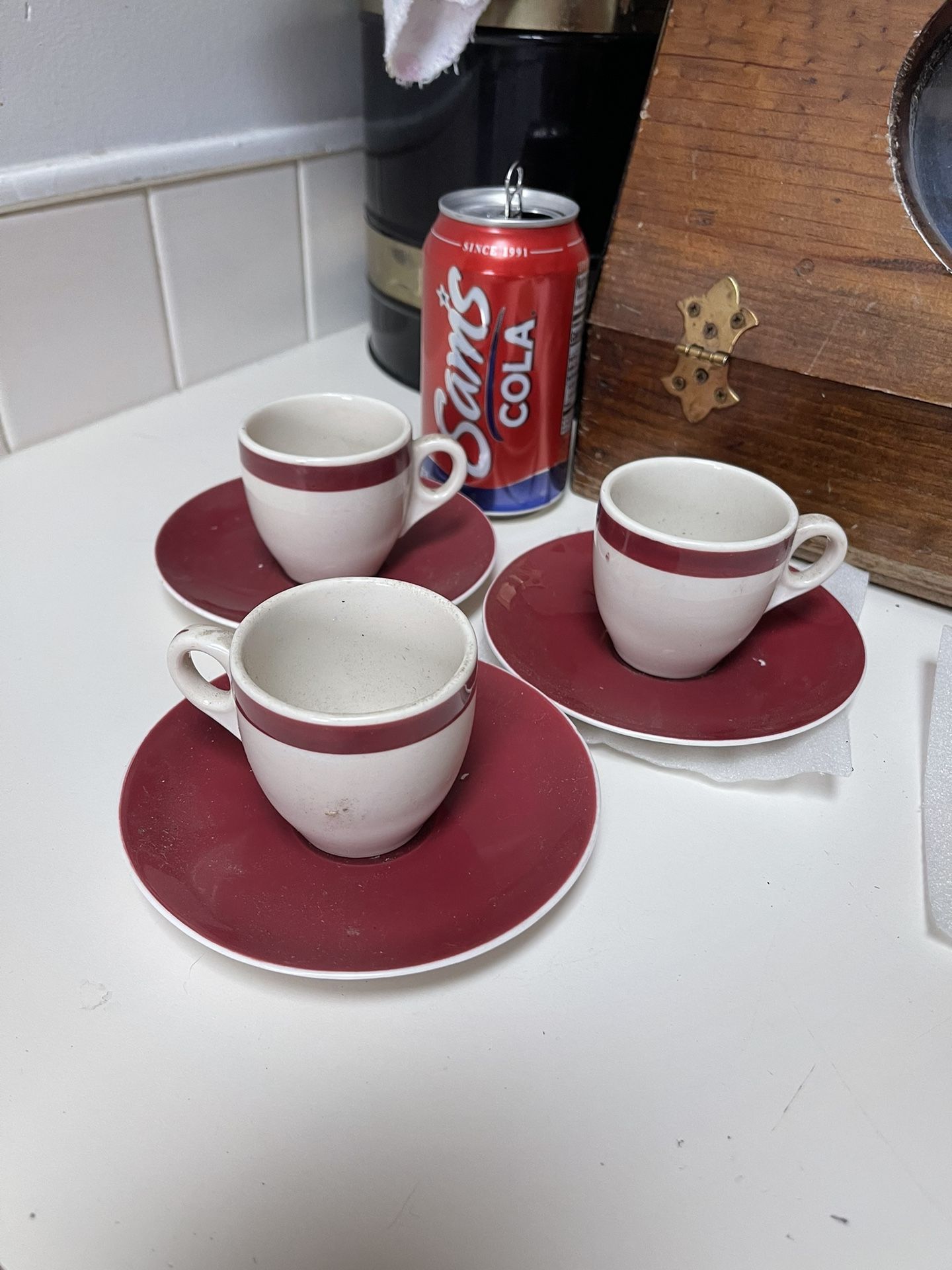 Vintage Syracuse China petite cups and saucers. Set of 3. Plates 5”. H. Rochester wa