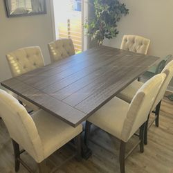 Rustic Dining Table Set - Counter Height Dining Table w/ 6 Beige Tufted Chairs