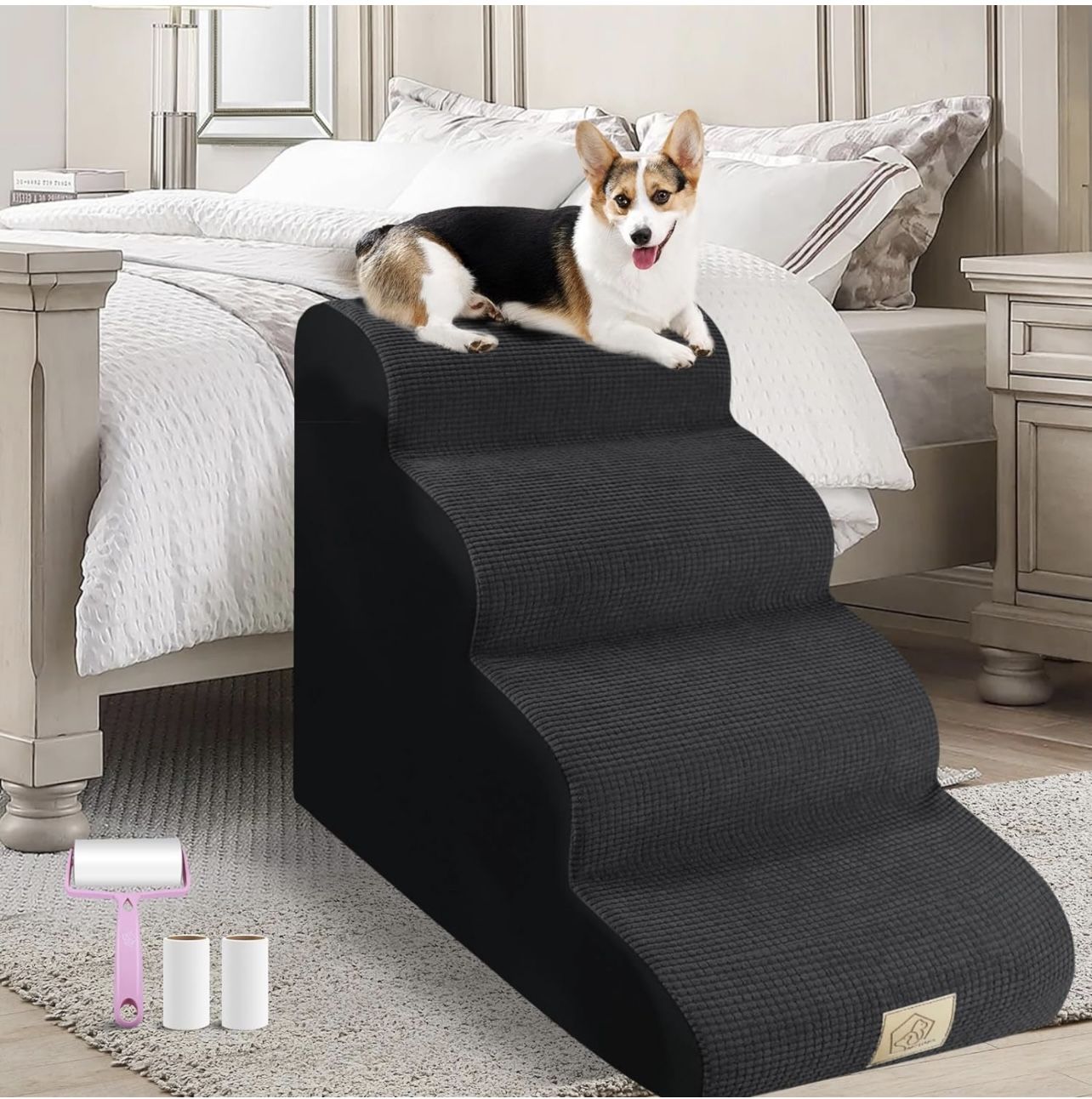 MESTUEL 4 Step Foam Non-Slip Bottom Dog Stairs - Black