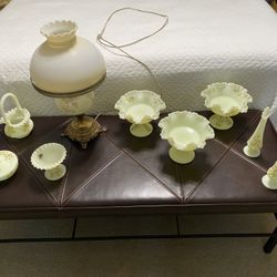 Fenton Satin & Uranium Custard Hand Painted Daisy Pieces 