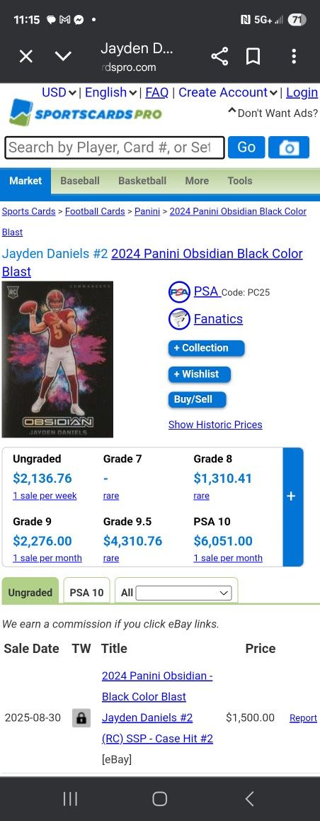 2024 Panini Obaidian SSP Jayden Daniels Rookie Card