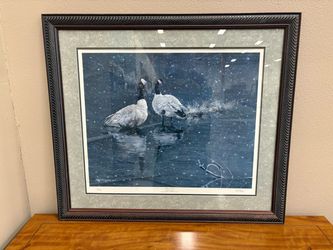 Singed Snowy Canadian Geese Art Print in Decorative Carved Wood Frame