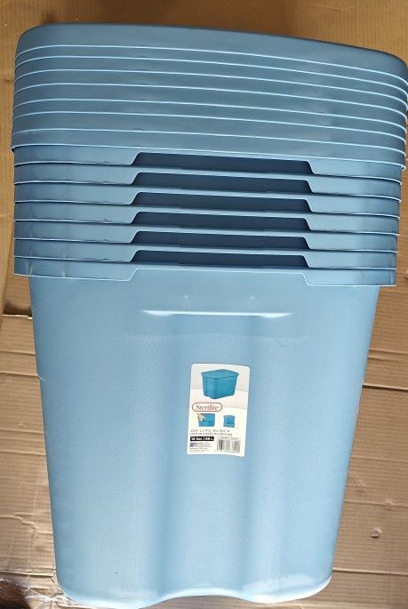 Sterilite 18 Gallon Plastic Storage Container with Snap-on Lid, Light Blue, 8 Pack