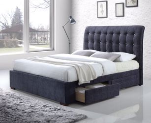 New dark gray fabric queen bed with storage