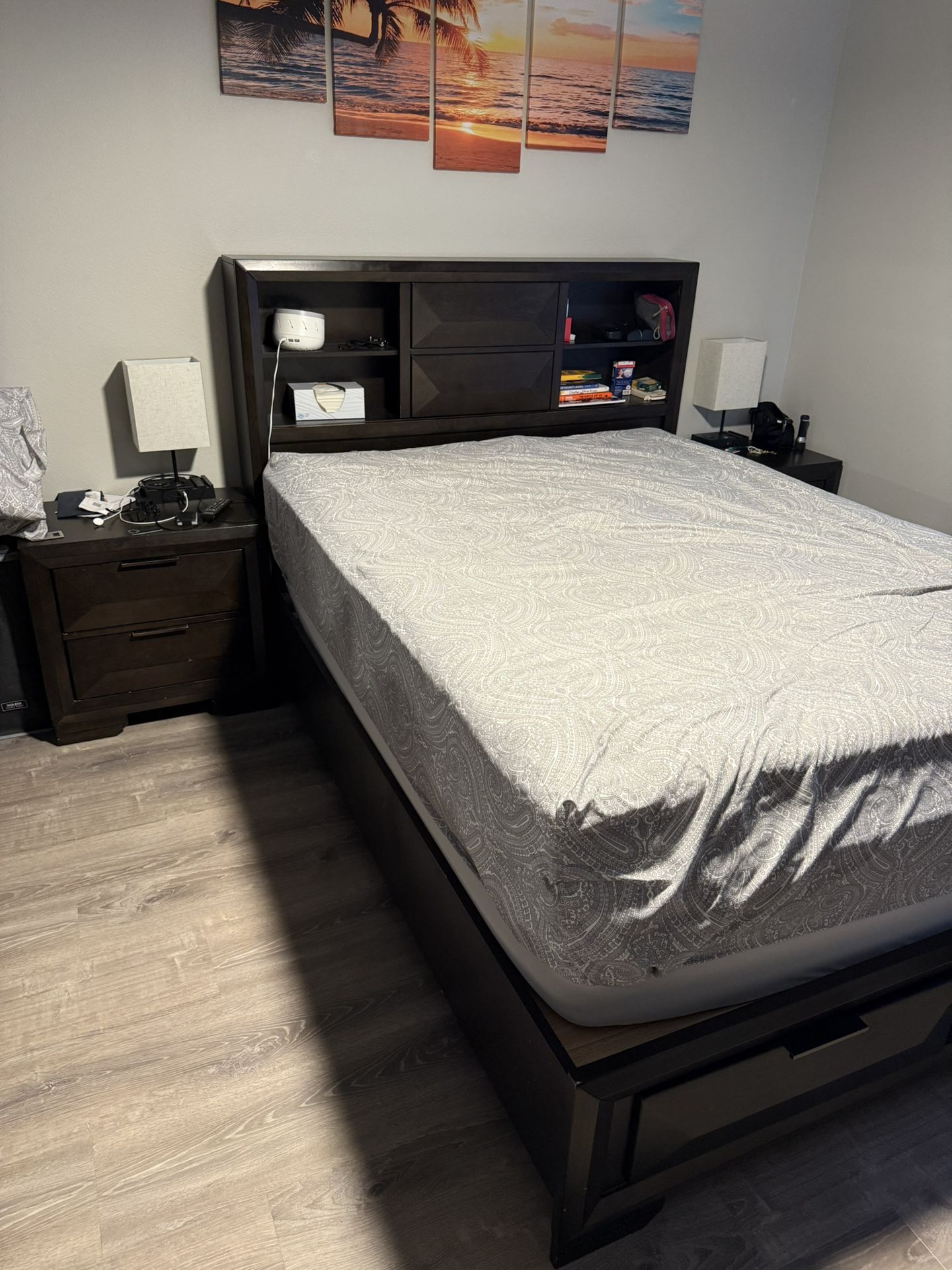Bedroom Set – Bedframe w/ Storage + 2 Nightstands + DreamCloud Queen Mattress