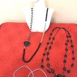 NWOT Long Black Bead Necklace with Silver Chain and Black Heart / EUC Black Double Bead Necklace & 2 Bracelets. Jewelry Lot.