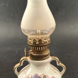 Vintage Ucagco Japan White Small Porcelain Oil Lamp w/ Floral Design & Frosted Chimney Shade 