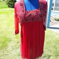 Red Beaded Dress with Matching Jacket - Size 8